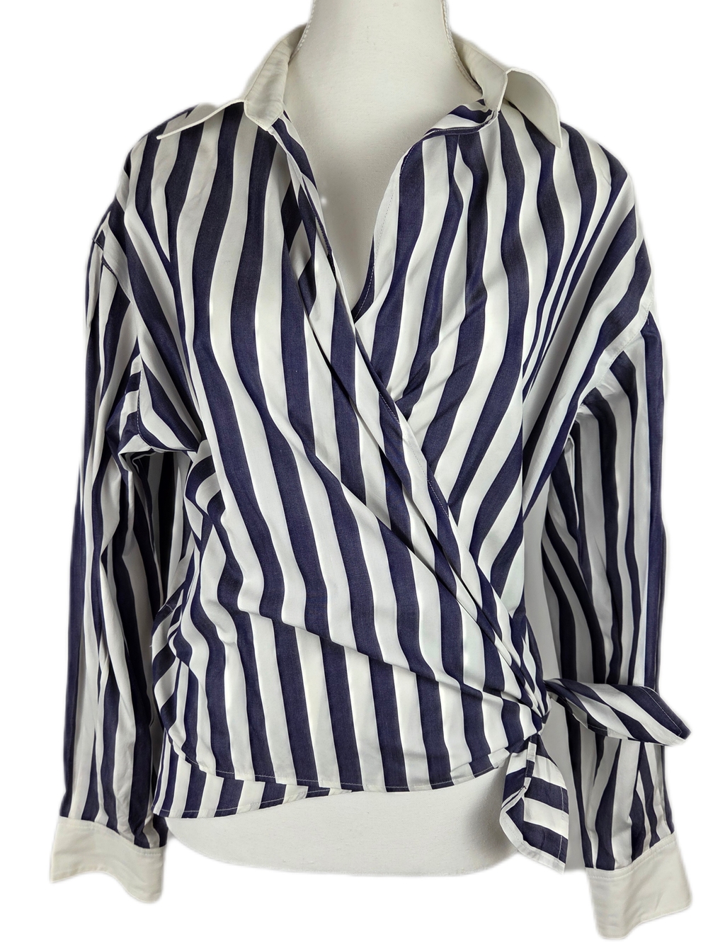 Vtg 90s Max Mara Italy Navy Striped Cotton Wrap Top Blouse Tie Front